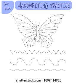 practice handwriting. Illustration of a butterfly for kids. Draw the butterflies along the outline. Vector illustration isolated on a white background