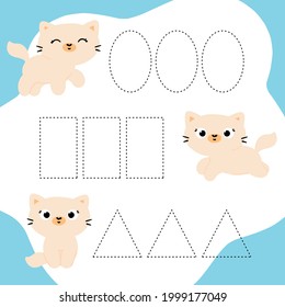practicar la escritura a mano con gatitos. ovales, rectángulos y triángulos punteados
