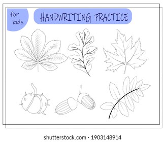 practice handwriting. outline the outline, the children's worksheet, the leaves of the trees. Vector isolated on a white background