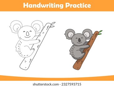 Practica la escritura a mano. Rastreo de líneas de koala y coloración para niños

