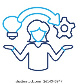 Practice icon represented by woman, bulb, gear Dual Line style.