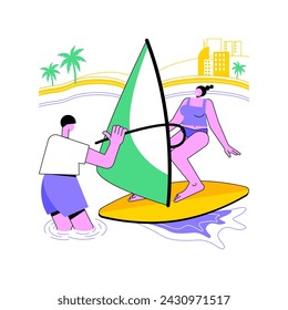 Practice with instructor isolated cartoon vector illustrations. Traveler windsurfing with instructor during vacation, watersports activity, travelling time, summer holidays vector cartoon.