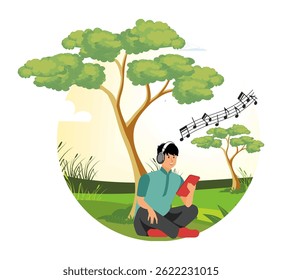 Practice positive thinking. A man sits outside with a cool view, meditating while listening to music from his cellphone using headphones. n