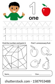 Practice questions worksheet for learning numbers. Exercises for little children. Number 1.

