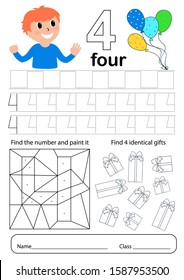 Practice questions worksheet for learning numbers. Exercises for little children. Number 4.

