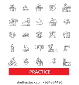 Practice, routine, procedure, habit, activity, development, experience, training line icons. Editable strokes 