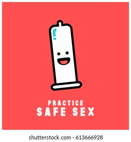 Practicar un afiche sexual seguro con sonriente ilusión de condón feliz en un diseño de estilo plano