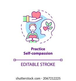 Practice Self Compassion Concept Icon. Happiness Mindset Strategy Abstract Idea Thin Line Illustration. Be Kind And Understanding To Yourself. Vector Isolated Outline Color Drawing. Editable Stroke