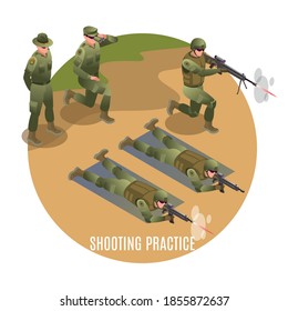 Practica el tiro con tropas especiales. Los Sergeants están observando. Ilustración de iconos isométricos en el fondo aislado