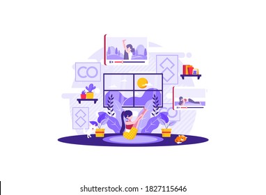 Practice virtual yoga via video and stay at home. Vector illustration