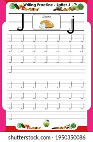 
practice writing letters J for preschool or kindergarten children to improve basic writing skills, very easy by tracing