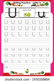 
practicar la escritura de letras U para niños de preescolar o kindergarten para mejorar las habilidades básicas de escritura, muy fácil al rastrear