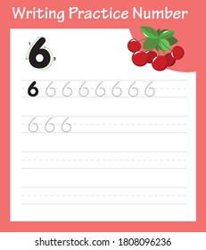 The practice of writing numbers 6. Number six tracing practice worksheet with six cherries for kids learning to count and to write.