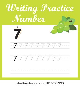 The practice of writing numbers 7. Tracking worksheet number seven with seed grapes for children who are learning to count and write.