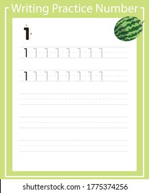 The practice of writing a worksheet. A leaf shows one watermelon. Practice writing number 1. Number one.