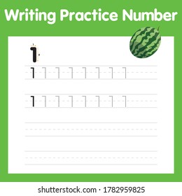 The practice of writing a worksheet. A leaf shows one watermelon. kindergarten kids to improve basic writing skills