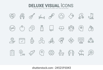 Practice yoga exercises and hobby, chat with friends, meditation and running thin black and red outline symbols, vector illustration. Relief and help with stress, care for mind and body line icons set