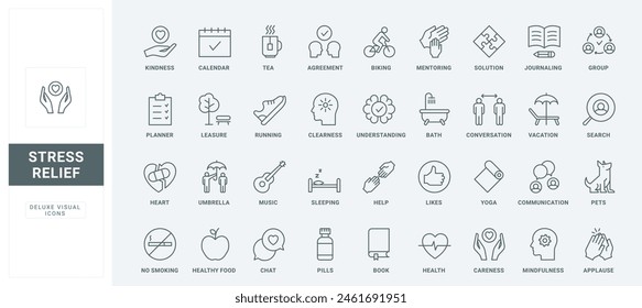 Practice yoga exercises and hobby, chat with friends, meditation and running thin black and red outline symbols, vector illustration. Relief and help with stress, care for mind and body line icons set