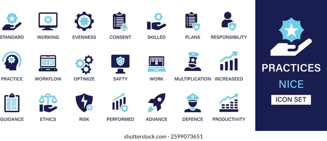 Practices best icon set collection. Standard, evenness, consent, skilled, plans, responsibility, practice, workflow, optimize, safety and solid icon set.