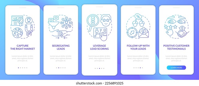 Practices of lead conversion blue gradient onboarding mobile app screen. Walkthrough 5 steps graphic instructions with linear concepts. UI, UX, GUI template. Myriad Pro-Bold, Regular fonts used