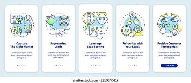 Practices of lead conversion onboarding mobile app screen. Business walkthrough 5 steps editable graphic instructions with linear concepts. UI, UX, GUI template. Myriad Pro-Bold, Regular fonts used