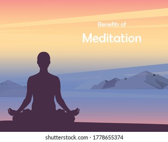 Practices yoga by the sea during a beautiful sunset. She is sitting in lotus position and meditating