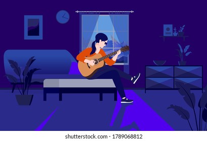 Practicing acoustic guitar at home - Woman sitting in living room playing her instrument alone at night. Music practice, solitude and comfort concept. Vector illustration.