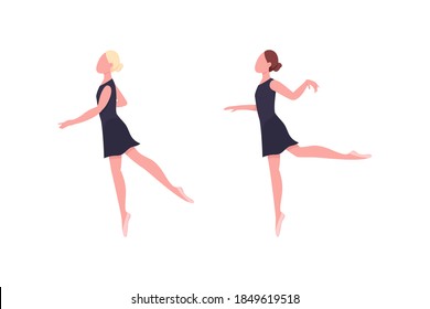 Practicing ballerina flat color vector faceless character set. Dancer rehearse. Gymnastics class. Classic ballet dance isolated cartoon illustration for web graphic design and animation collection