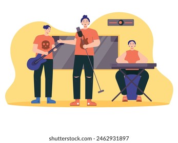 Practicing band in studio, with singer, bazz man and piano man. Character design. Vector flat illustration