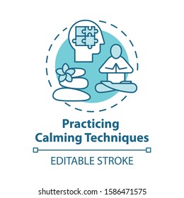 Practicing calming techniques concept icon. Relaxation and mental exercises. Meditation and yoga for reducing stress idea thin line illustration. Vector isolated outline drawing. Editable stroke