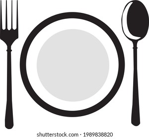 Practicar platos y cucharas vectoriales en negro sobre fondo blanco es un símbolo de utilización.
