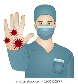 Practicing doctor. Paramedic in mask and overalls. Vector illustration. Hand forward - stop viruses. Pandemic Covid19. Men on an isolated background. Idea for educational literature, web design. 