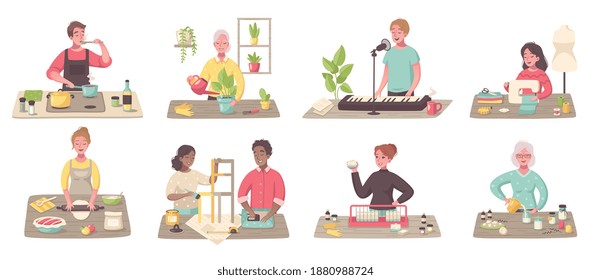 Practicando aficiones 8 composiciones de dibujos animados con cocción de hormigón cultivo de plantas costura de muebles ilustración vectorial