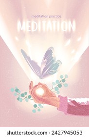 Practicando el concepto de meditación. Mano con mudra de meditación, crear espacio de atención plena, espiritualidad, conciencia, equilibrio y relajación. Ilustración vectorial de la clase de entrenamiento para sentirse feliz.