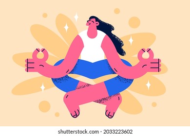 Practicing meditation and healthy lifestyle concept. Young smiling positive girl cartoon character sitting meditating practicing yoga positing doing training class feeling happy vector illustration 