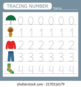Practicing motor skills - tracing dashed lines with clothes. Numbers 0-4.  