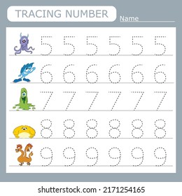 Practicing motor skills - tracing dashed lines with monsters. Numbers 5-9.  