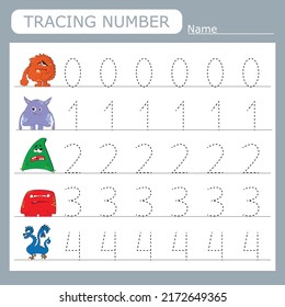 Practicing motor skills - tracing dashed lines with monsters. Numbers 0-4.  
