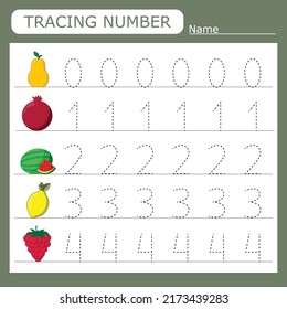 Practicing motor skills - tracing dashed lines with fruites. Numbers 0-4.  