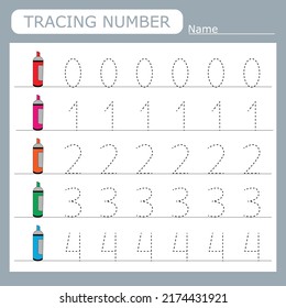 Practicing motor skills - tracing dashed lines with markers . Numbers 0-4.  

