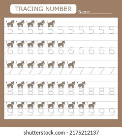 Practicing motor skills - tracing dashed lines with cows. Numbers 5-9.  