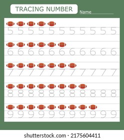 Practicing motor skills - tracing dashed lines with rugby balls. Numbers 5-9.  