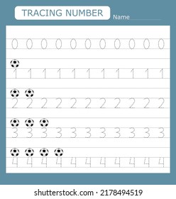 Practicing motor skills - tracing dashed lines with soccer ball. Numbers 0-4.  