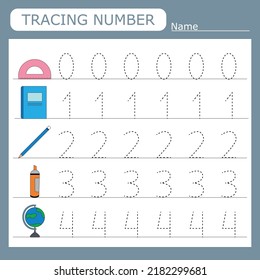 Practicing motor skills - tracing dashed lines with school supplies . Numbers 0-4.  

