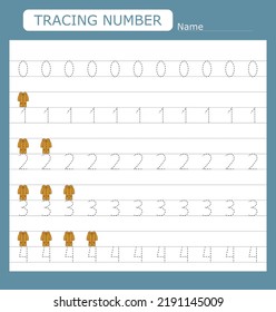 Practicing motor skills - tracing dashed lines with raincoats . Numbers 0-4.  