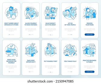 Practicing self love and care blue onboarding mobile app screen set. Walkthrough 5 steps graphic instructions pages with linear concepts. UI, UX, GUI template. Myriad Pro-Bold, Regular fonts used