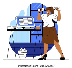 Practicing workout at workplace. Girl with dumbbells in front of computer monitor. Freelancer or remote employee, active lifestyle and health care, shoulder training. Cartoon flat vector illustration