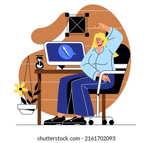 Practicing workout at workplace. Girl raises her hand while application on computer loading. Freelancer and graphic designer at workplace, creative personality. Cartoon flat vector illustration