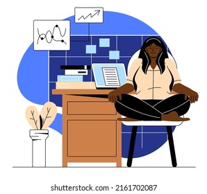 Practicing workout at workplace. Girl sits in lotus position and analyzes charts. Successful entrepreneur relaxes in workplace. Stretching exercises, concentration. Cartoon flat vector illustration