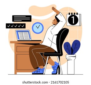 Practicing workout at workplace. Guy performs posture exercises while sitting at work. Employee in office or student at university, active lifestyle and health care. Cartoon flat vector illustration